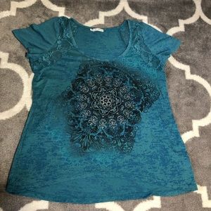 Maurices Shirt Womens 2X Blue Lace Detail Heather Blue Burnout Top